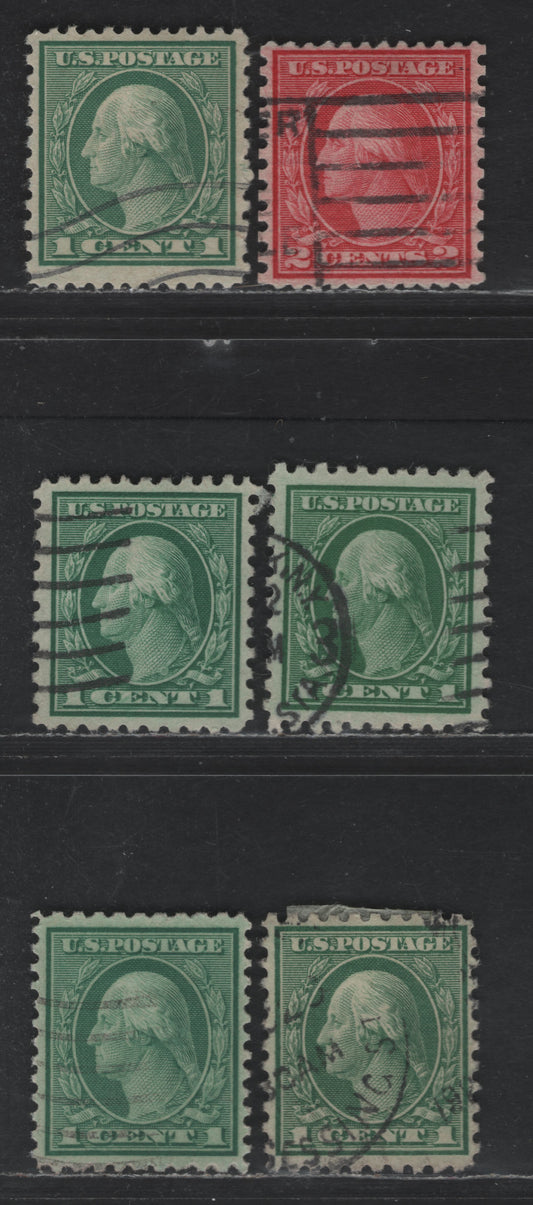 Lot 478 United States Of America #538, 540, 542-543 1c-2c Green & Carmine George Washington, 1919-1921 Washington Franklin Issue, 6 VF Used Singles Unwatermarked, Perf. 11 x 10, 10 x 11 & 10, Rotary Press, Additional Shades Of 1c Perf. 10