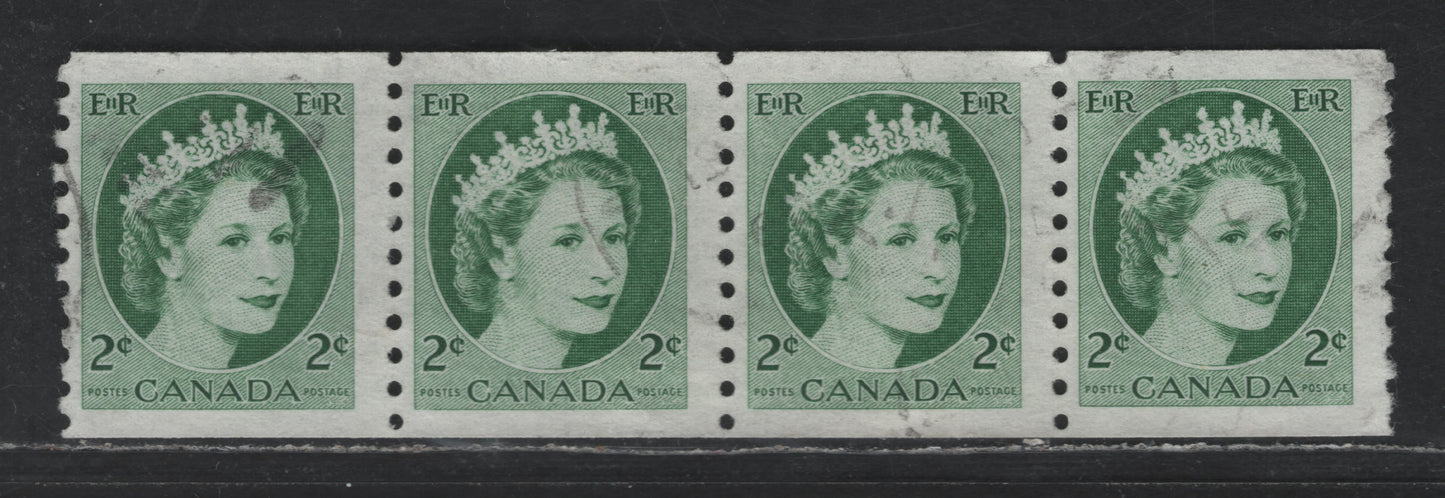 Lot 481 Canada #345iv 2c Green Queen Elizabeth II, 1954-1962 Wilding Issue, A Fine Used Coil Strip Of 4 On LF3 Bluish White Smooth Paper