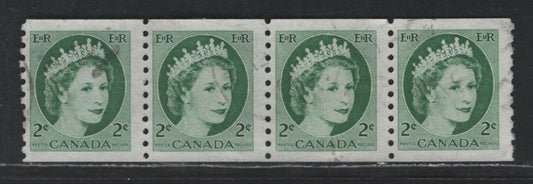 Lot 481 Canada #345iv 2c Green Queen Elizabeth II, 1954-1962 Wilding Issue, A Fine Used Coil Strip Of 4 On LF3 Bluish White Smooth Paper