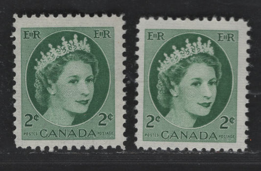 Canada #338 2c Green Queen Elizabeth II, 1954-1962 Wilding Issue, 2 VFNH Singles On LF3 Bluish White Ribbed/Ribbed Paper, Smooth & Streaky Semi-Gloss Gum