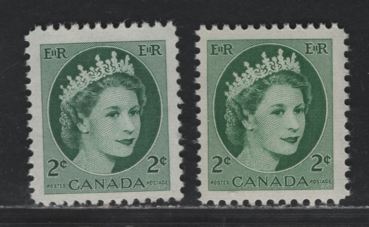 Canada #338 2c Green & Deep Green Queen Elizabeth II, 1954-1962 Wilding Issue, 2 VFNH Singles On NF Ribbed Papers