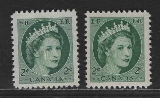 Canada #338 2c Green & Deep Green Queen Elizabeth II, 1954-1962 Wilding Issue, 2 VFNH Singles On NF Ribbed Papers