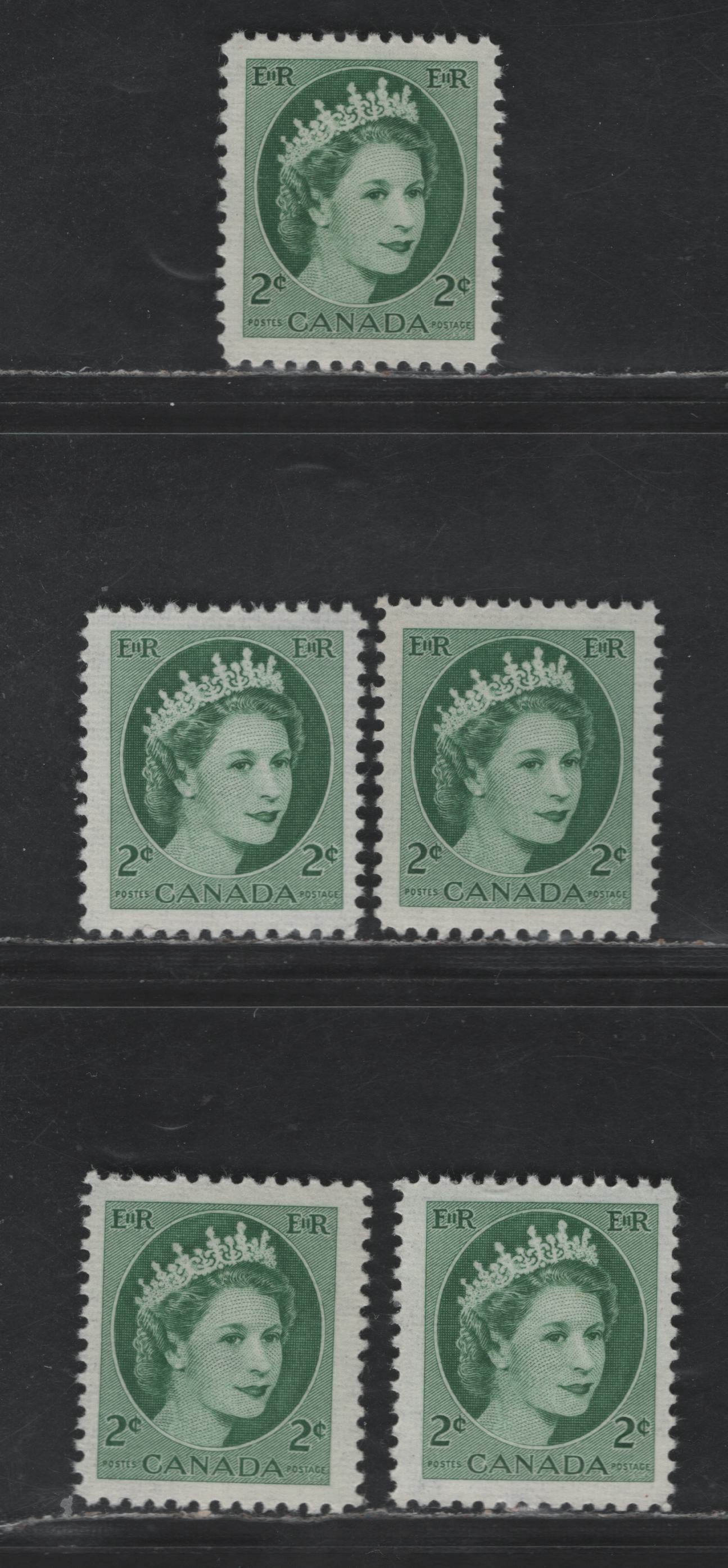 Canada #338 2c Green, Bright Green, Myrtle Green, Deep Green & Dull Green Queen Elizabeth II, 1954-1962 Wilding Issue, 5 VFNH Singles On DF1 Grayish Ribbed/Ribbed Papers, Streaky & Smooth Semi-Gloss Gum