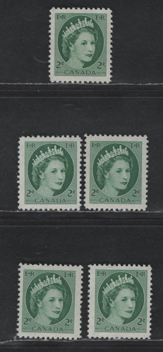 Canada #338 2c Green, Bright Green, Myrtle Green, Deep Green & Dull Green Queen Elizabeth II, 1954-1962 Wilding Issue, 5 VFNH Singles On DF1 Grayish Ribbed/Ribbed Papers, Streaky & Smooth Semi-Gloss Gum