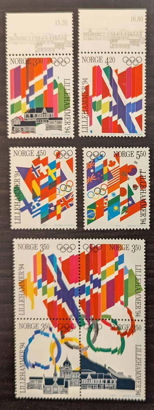 Lot 89 Norway SC#1029/1058 1992-1994 Winter Olympics, Lillehammer Issues, 5 VFNH Singles & Block Of 4, Click on Listing to See ALL Pictures, 2017 Scott Cat. $15.25