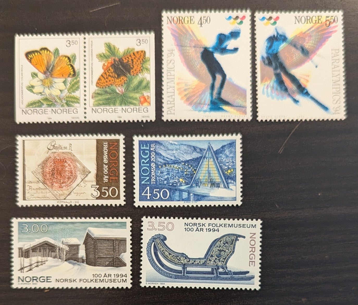 Lot 90 Norway SC#1033/1064 1993-1994 Butterflies - Norwegian Folk Museum Centenary Issues, 7 VFNH Singles & Pair, Click on Listing to See ALL Pictures, 2017 Scott Cat. $13.5