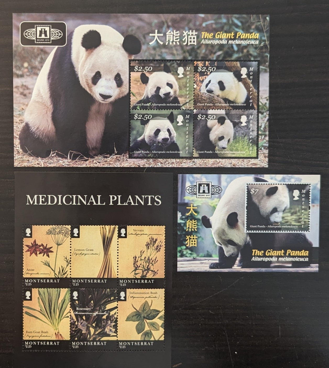 Lot 9 Montserrat SC#1254/1262 2010-2011 Giant Panda - Medicinal Plants Issues, 3 VFNH Souvenir Sheets, Click on Listing to See ALL Pictures, 2017 Scott Cat. $17.5