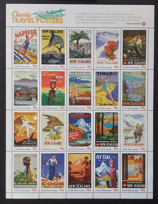 Lot 11 New Zealand SC#2474 2013 Classic Travel Posters Issue, A VFNH Sheet Of 20, Click on Listing to See ALL Pictures, 2017 Scott Cat. $22