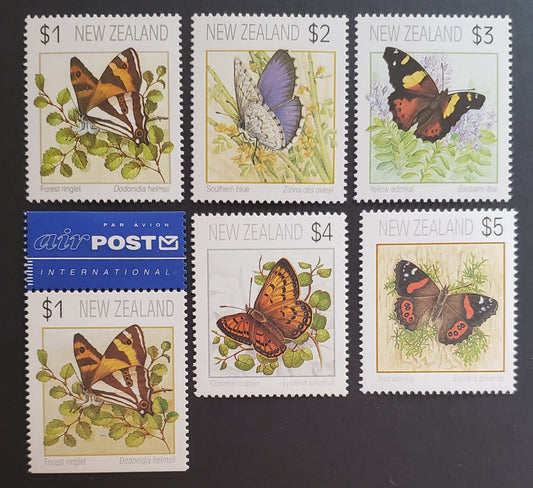 Lot 22 New Zealand SC#1075/1079 1991 Butterflies Issue, 6 VFNH Singles, Click on Listing to See ALL Pictures, 2017 Scott Cat. $24.9