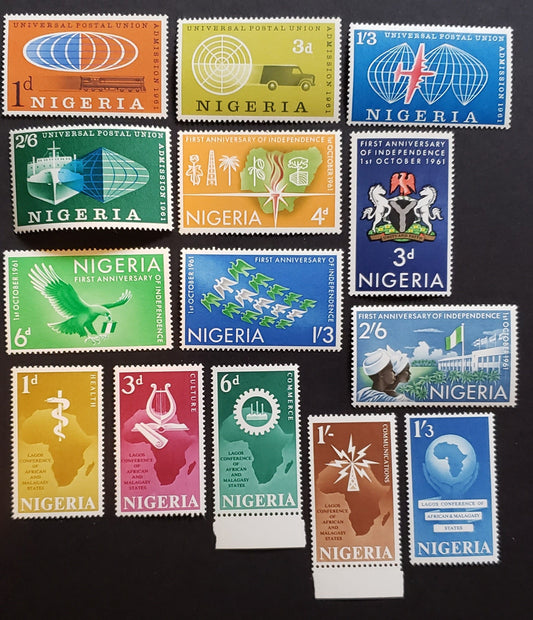 Lot 27 Nigeria SC#114/127 1961-1962 Globe And Train / Map Of Africa And Staff Of Aesculapius Issues, 14 VFNH Singles, Click on Listing to See ALL Pictures, 2017 Scott Cat. $4.4