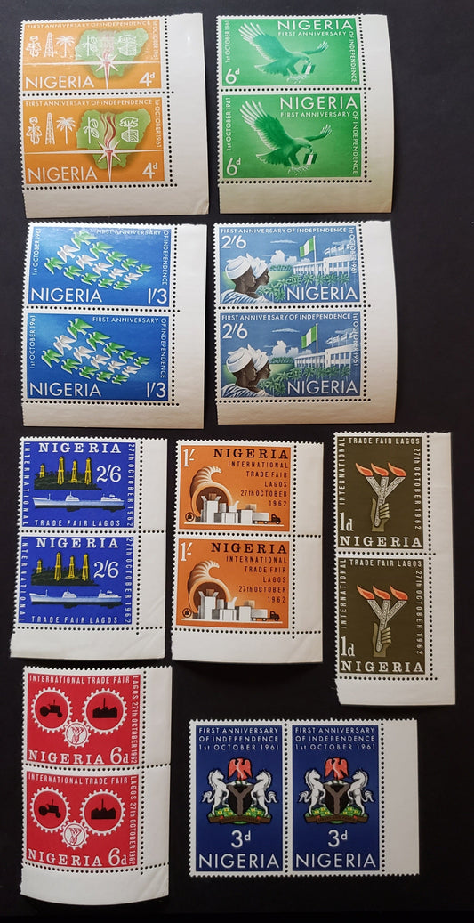 Lot 30 Nigeria SC#118/137 1961-1962 First Anniv. Of Independence / Lagos Intl. Trade Fair Issues, 9 VFOG Pairs, Click on Listing to See ALL Pictures, 2017 Scott Cat. $5.1