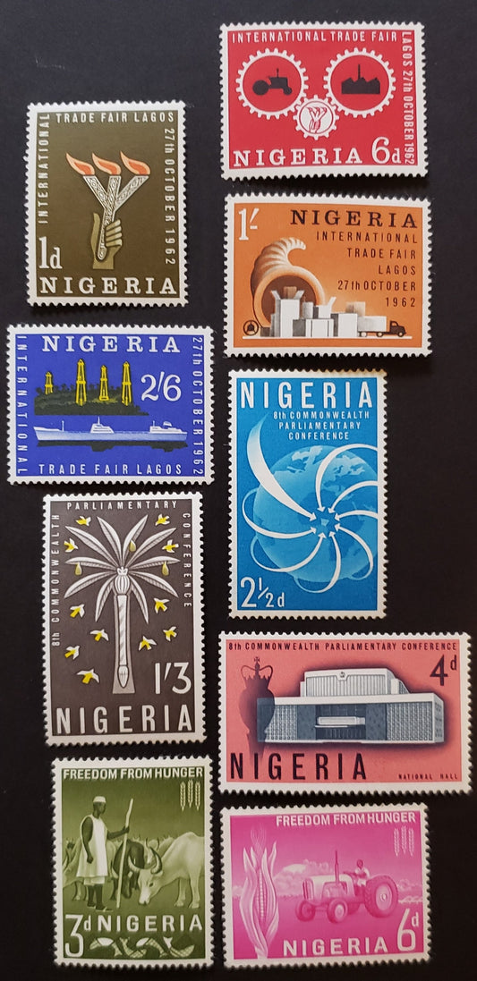 Lot 31 Nigeria SC#134/142 1962-1963 Lagos Intl. Trade Fair / Freedom From Hunger Campaign Issues, 9 VFNH & OG Singles, Click on Listing to See ALL Pictures, 2017 Scott Cat. $4.3