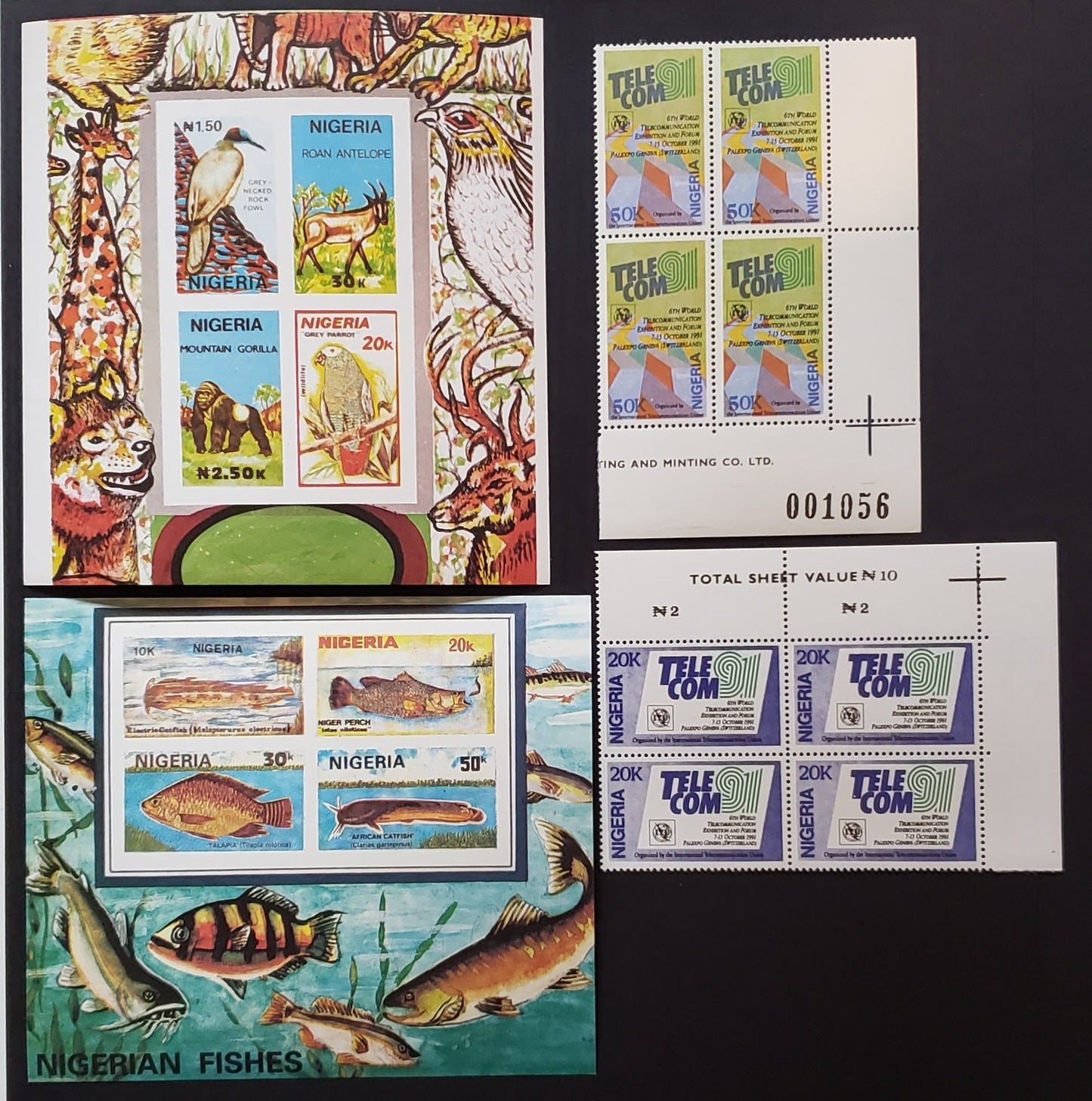 Nigeria SC#574a/588var 1990-1991 Animals / Telecom Issues, 2 VFNH Souvenir Sheets And 2 Corner Blocks Of 4, The Souvenir Sheets Are The Scarcer Imperfs, Est. $75