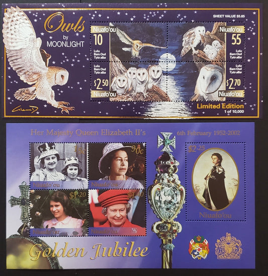 Lot 39 Niuafo'ou - Tonga SC#238/239 2001-2002 Owls / Reigh Of Queen Elizabeth II Issues, 2 VFNH Souvenir Sheets, Click on Listing to See ALL Pictures, 2017 Scott Cat. $17