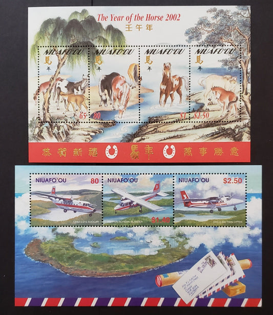 Lot 40 Niuafo'ou - Tonga SC#240/248 2002 Year Of The Horse / Mail Planes Issues, 2 VFNH Souvenir Sheets, Click on Listing to See ALL Pictures, 2017 Scott Cat. $16.5