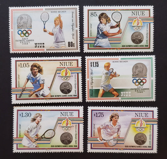 Lot 45 Niue SC#538/544 1987 Tennis Champions Issue, 6 VFOG Singles, Click on Listing to See ALL Pictures, 2017 Scott Cat. $15.2