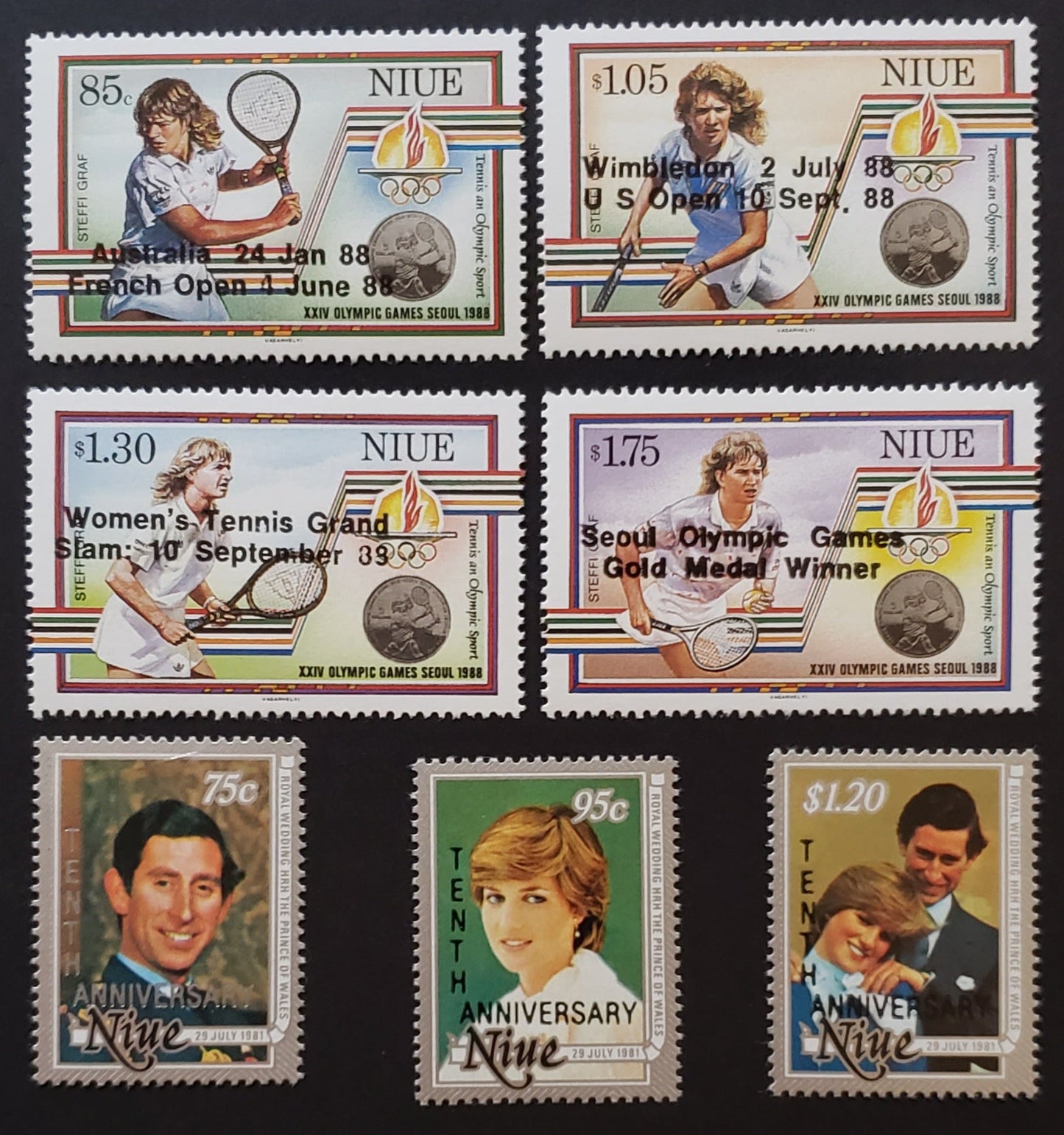 Lot 46 Niue SC#560/598 1988-1991 Overprinted Tennis Champions / Tenth Anniv. Of Royal Wedding Issues, 7 VFNH Singles, Click on Listing to See ALL Pictures, 2017 Scott Cat. $17.5