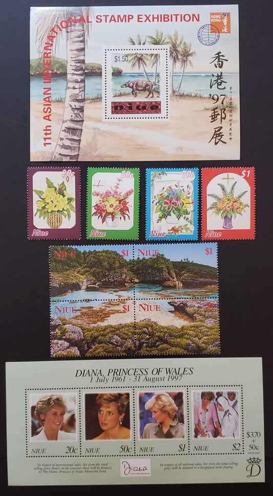 Lot 48 Niue SC#694/706 1997-1998 Year Of The Ox / Diana, Princess Of Wales Issues, 4 VFNH Singles, 2 Souvenir Sheets And A Block Of 4, Click on Listing to See ALL Pictures, 2017 Scott Cat. $17