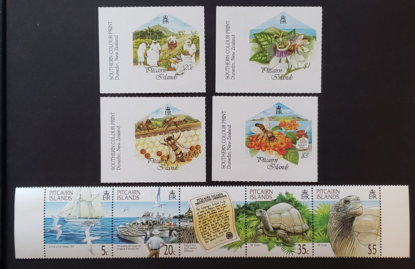 Lot 93 Pitcairn Islands SC#507/511 1999-2000 Honey Bees / Protection Of Galapagos Tortoise Issues, A VFNH Strip Of 4+Label And 4 Singles, Click on Listing to See ALL Pictures, 2017 Scott Cat. $20.25