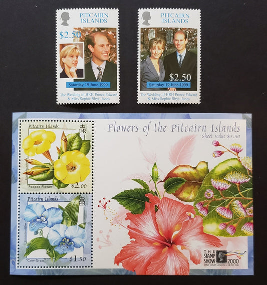 Lot 95 Pitcairn Islands SC#505/520a 2000 Royal Wedding / Flowers Issue, 2 VFNH Singles And A Souvenir Sheet, Click on Listing to See ALL Pictures, 2017 Scott Cat. $15.25