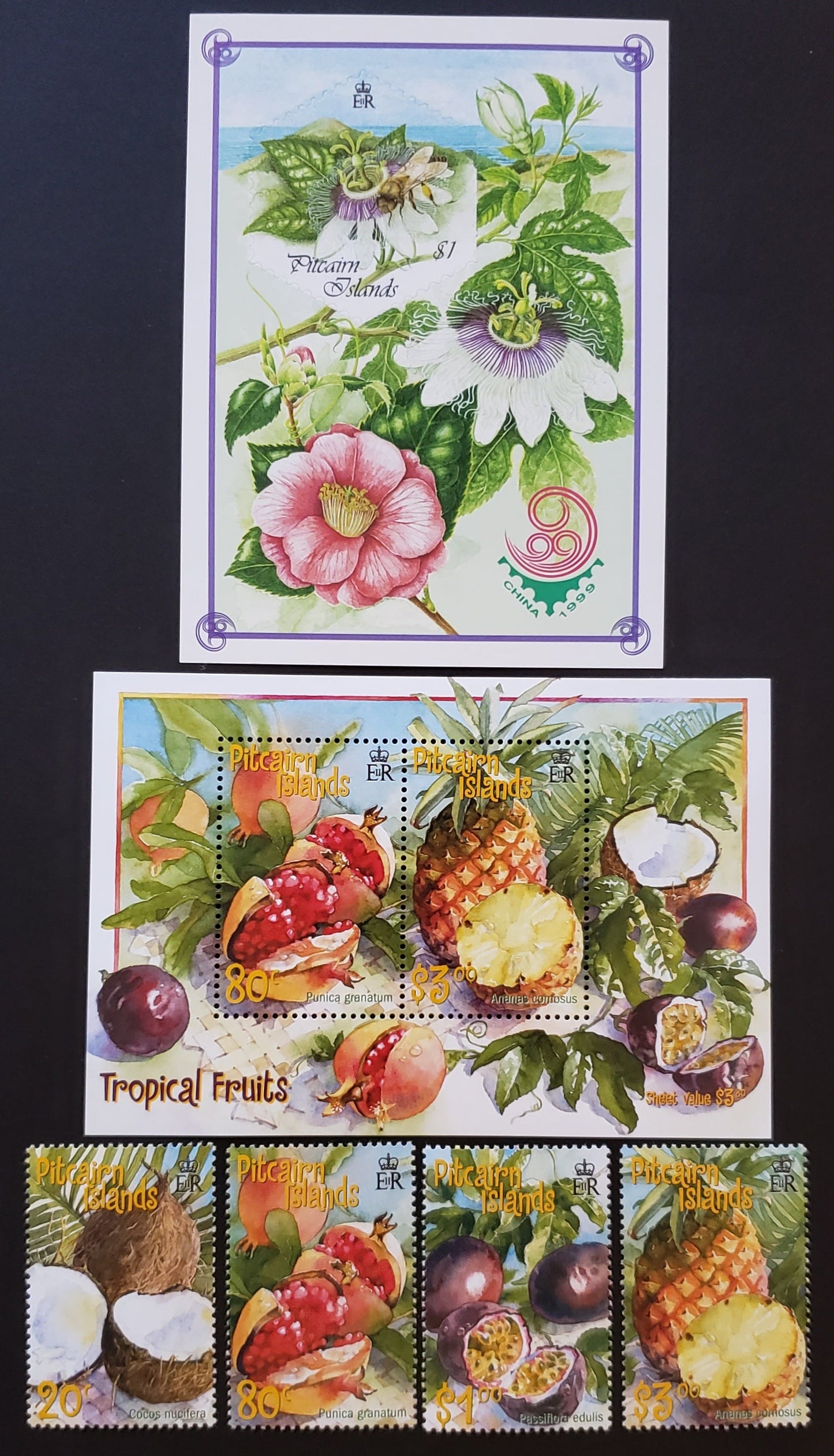 Lot 98 Pitcairn Islands SC#508a/538a 1999-2001 Honey Bees / Fruit Issues, 4 VFNH Singles And 2 Souvenir Sheets, Click on Listing to See ALL Pictures, 2017 Scott Cat. $18.75