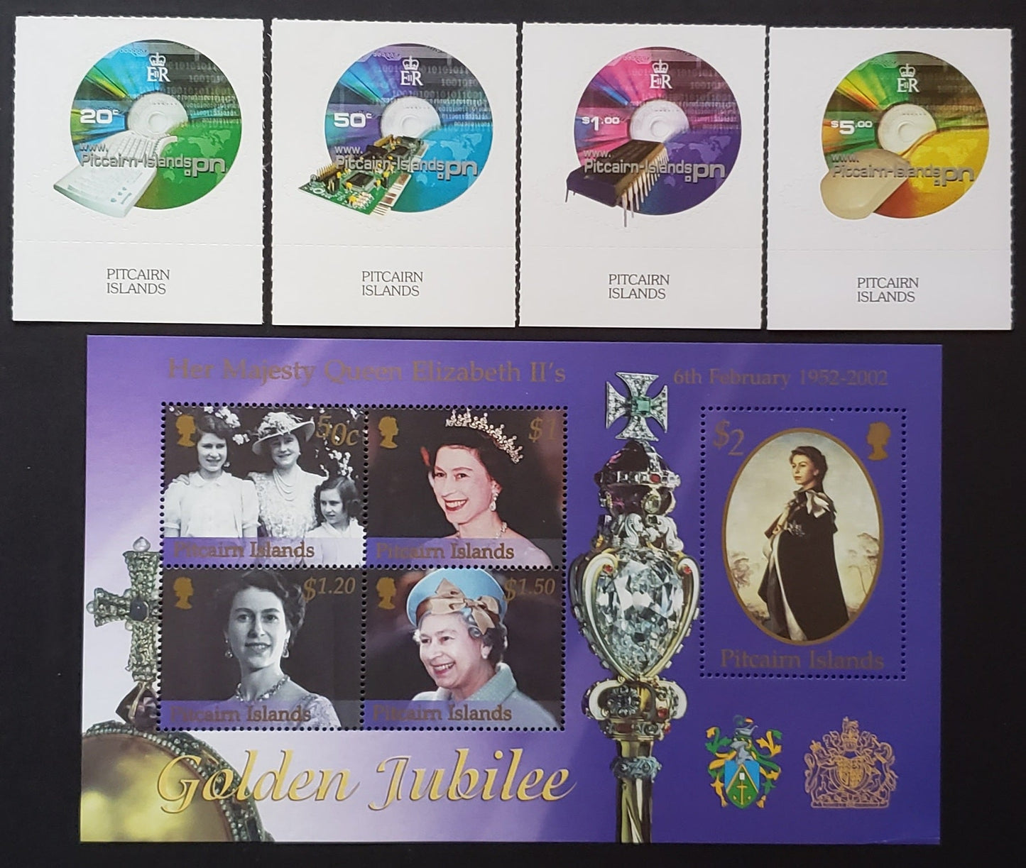 Lot 99 Pitcairn Islands SC#539/552 2001 Allocation Of ".pn" Internet Domain Suffix / Reign Of Queen Elizabeth II Issues, 4 VFNH Singles And 1 Souvenir Sheet, Click on Listing to See ALL Pictures, 2017 Scott Cat. $20.25