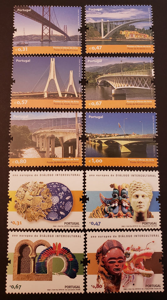 Lot 116 Portugal SC#3066/3077 2008 Bridges / European Year Of Intercultural Dialogue Issues, 10 VFNH Singles, Click on Listing to See ALL Pictures, 2017 Scott Cat. $15.5