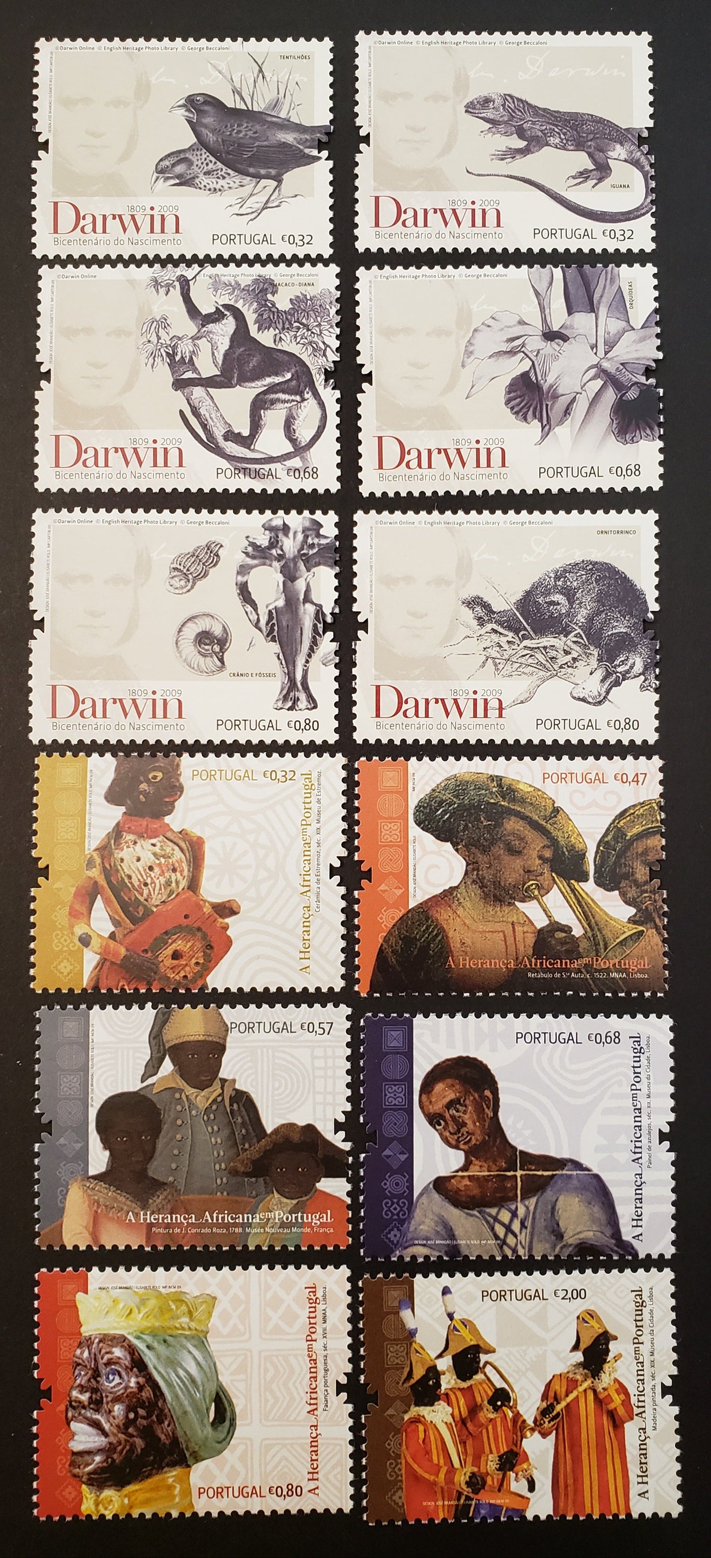 Lot 118 Portugal SC#3090/3102 2009 Charles Darwin / African Heritage In Portugal Issues, 12 VFNH Singles, Click on Listing to See ALL Pictures, 2017 Scott Cat. $21.75