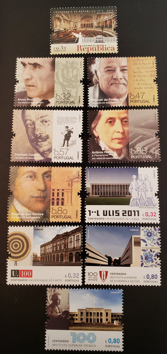 Lot 132 Portugal SC#3247a/3296 2011 Portuguese Assembly Building / Centenaries Of Institutes Of Higher Education Issues, 10 VFNH Singles, Click on Listing to See ALL Pictures, 2017 Scott Cat. $15.65