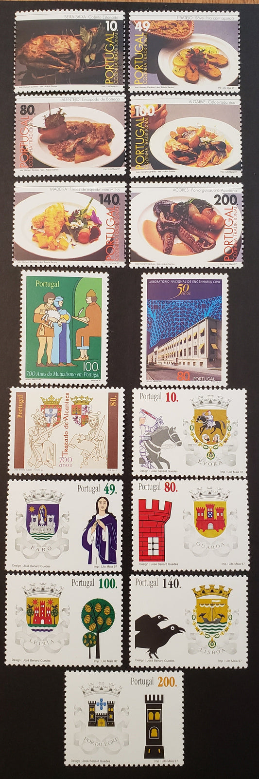 Lot 49 Portugal SC#2170/2185 1997 Traditional Foods / Arms Of The Districts Of Portugal Issues, 15 VFNH Singles, Click on Listing to See ALL Pictures, 2017 Scott Cat. $17.35