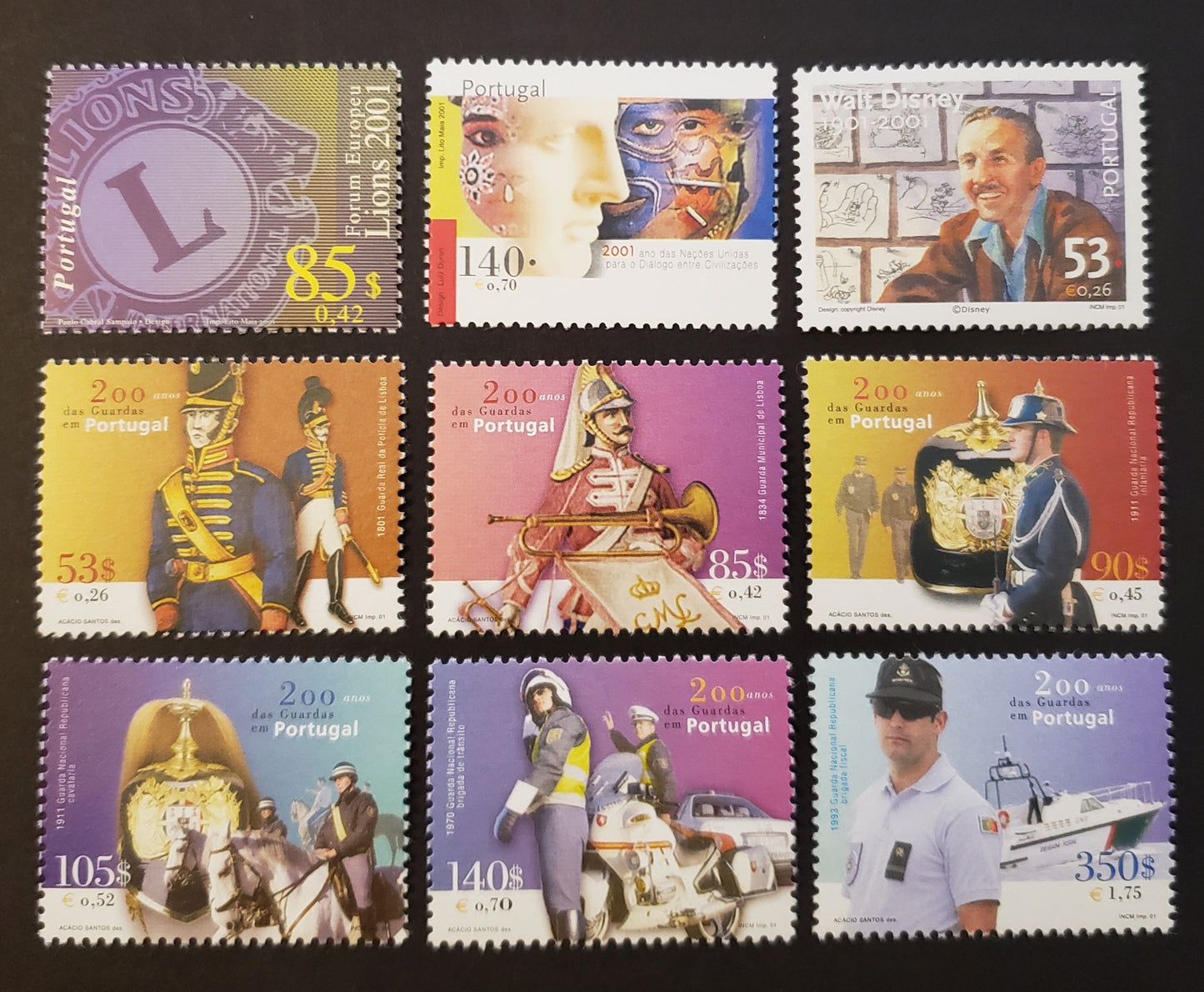 Lot 66 Portugal SC#2442/2452 2001 2001 Lions Intl. European Forum / Security Services Issues, 9 VFNH Singles, Click on Listing to See ALL Pictures, 2017 Scott Cat. $15.5