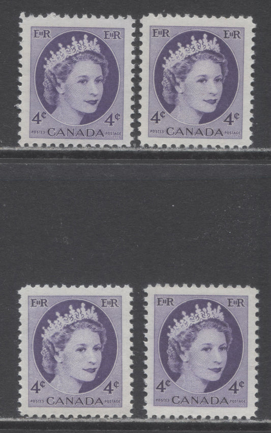 Canada #340v 4c Violet & Deep Violet Queen Elizabeth II, 1954-1962 Wilding Issue, 4 VFNH Singles On DF1-fl  & DF2-fl Vertical Ribbed Papers With Smooth & Streaky Semi-Gloss Gums