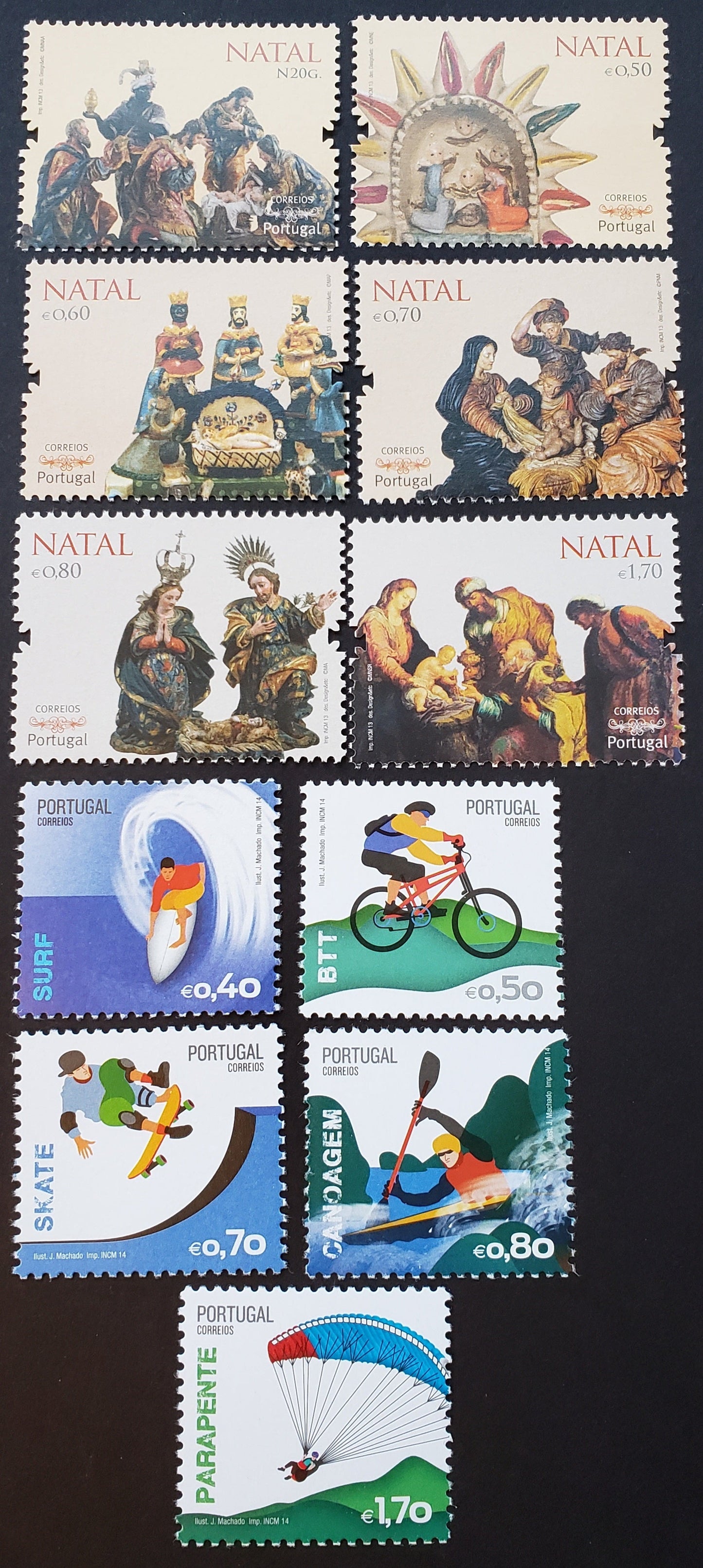 Lot 7 Portugal SC#3564/3575 2013-2014 Christmas / Extreme Sports Issues, 11 VFNH Singles, Click on Listing to See ALL Pictures, 2017 Scott Cat. $24.5