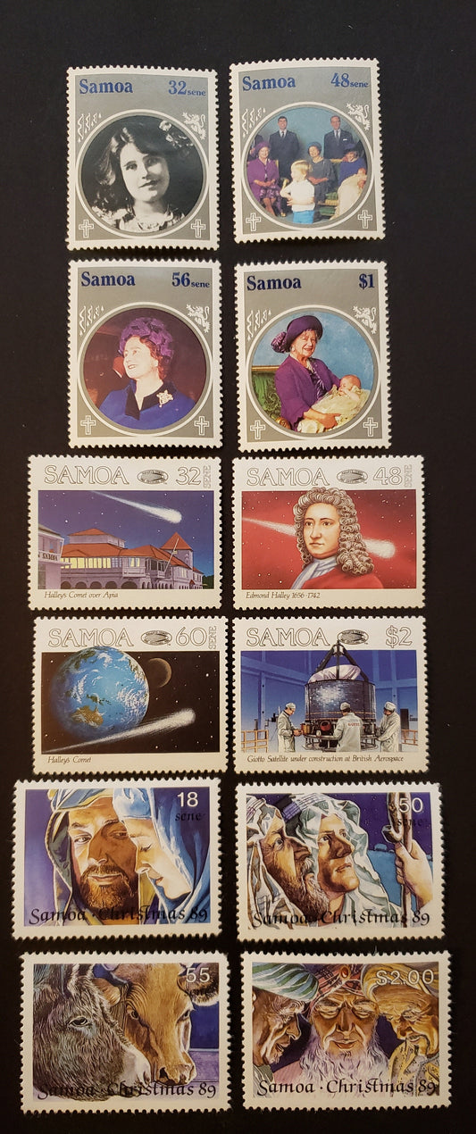 Lot 88 Samoa SC#649/768 1985-1989 Queen Mother 85th Birthday / Christmas Issues, 12 VFOG Singles, Click on Listing to See ALL Pictures, 2017 Scott Cat. $13.2