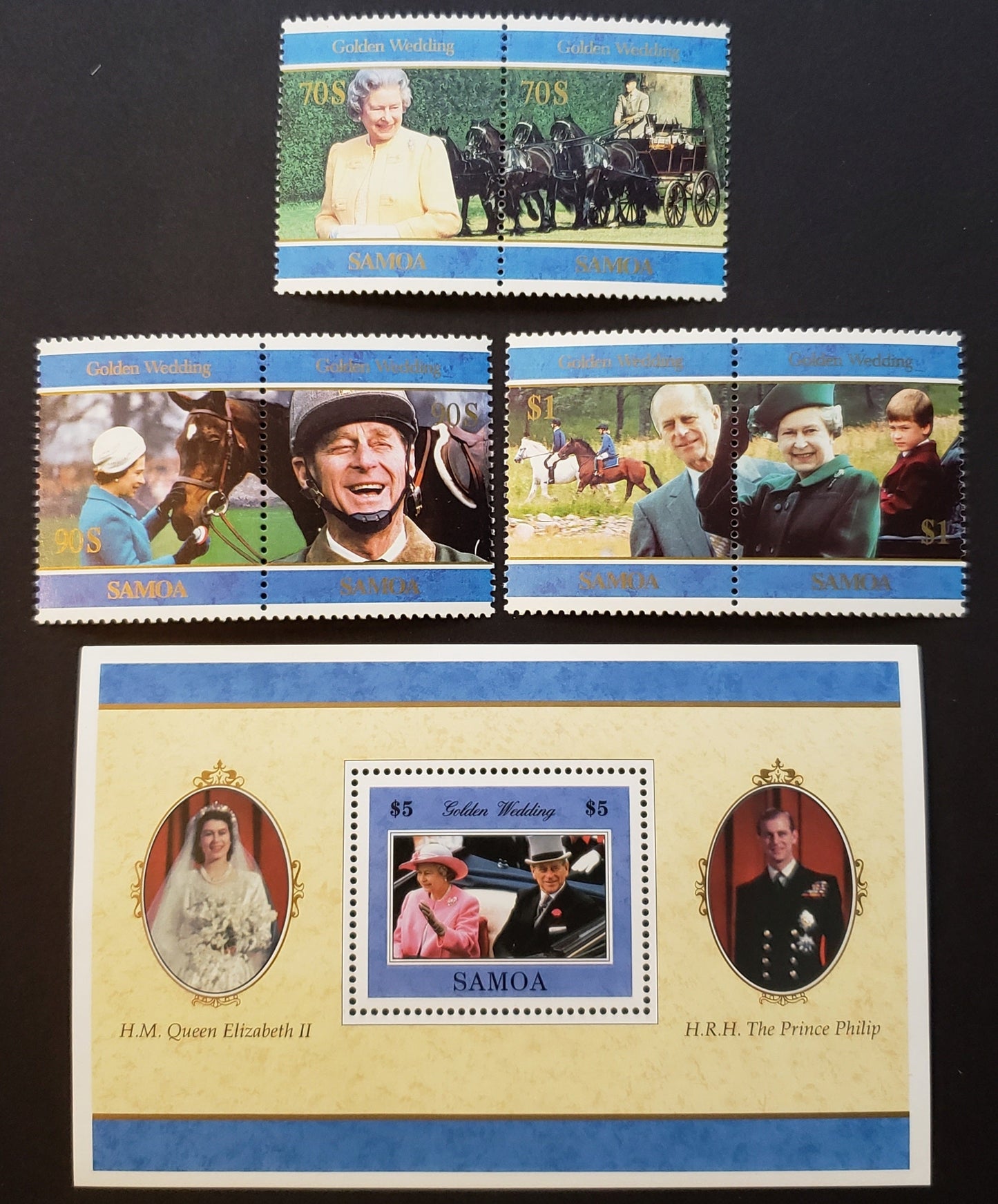 Lot 92 Samoa SC#937a/942 1997 Queen Elizabeth II & Prince Philip 50th Anniv. Issue, 3 VFNH Pairs And 1 Souvenir Sheet, Click on Listing to See ALL Pictures, 2017 Scott Cat. $15.5