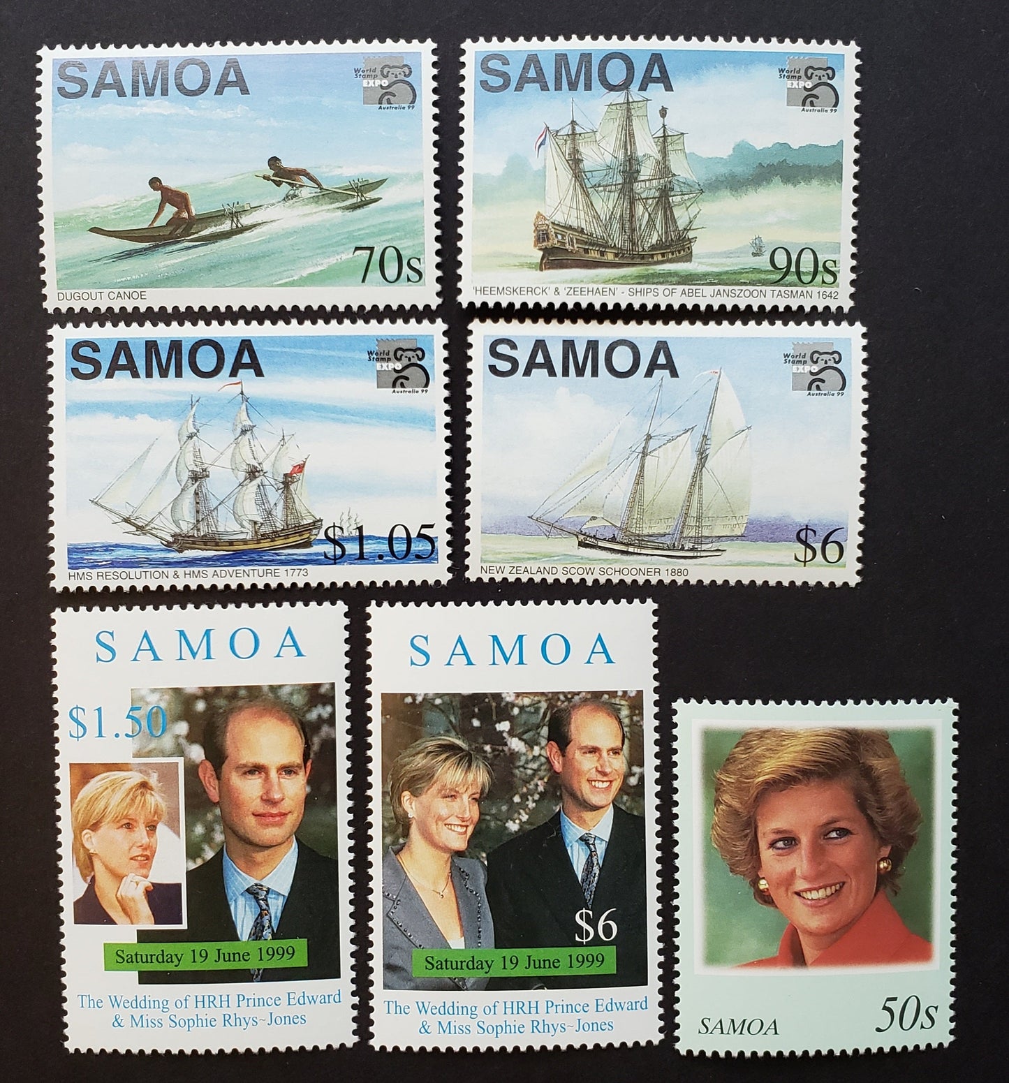 Lot 95 Samoa SC#955a/972 1998-1999 Princess Diana / Royal Wedding Issues, 7 VFNH Singles, Click on Listing to See ALL Pictures, 2017 Scott Cat. $13.6