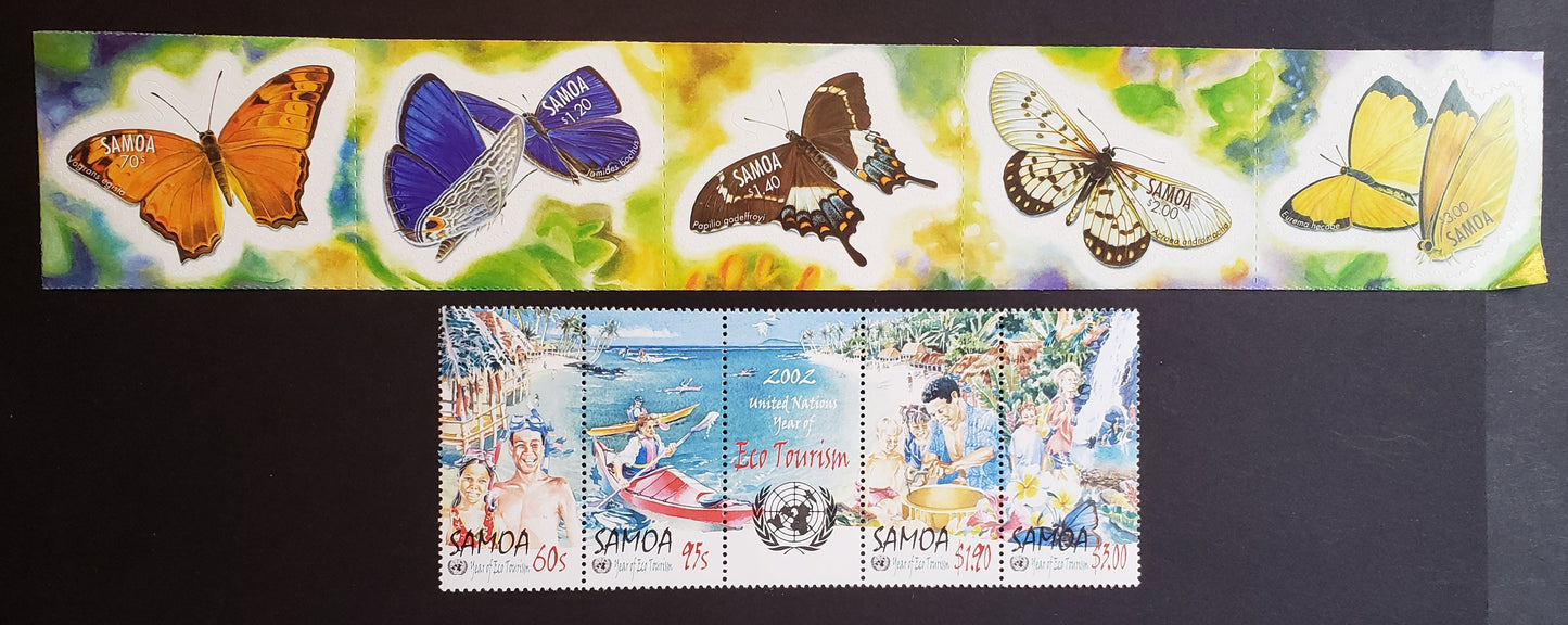 Lot 97 Samoa SC#996/1000a 2001-2002 Butterflies / Intl. Year Of Tourism Issues, A VFNH Strip Of 5 And A Strip Of 4 + Label, Click on Listing to See ALL Pictures, 2017 Scott Cat. $15.25