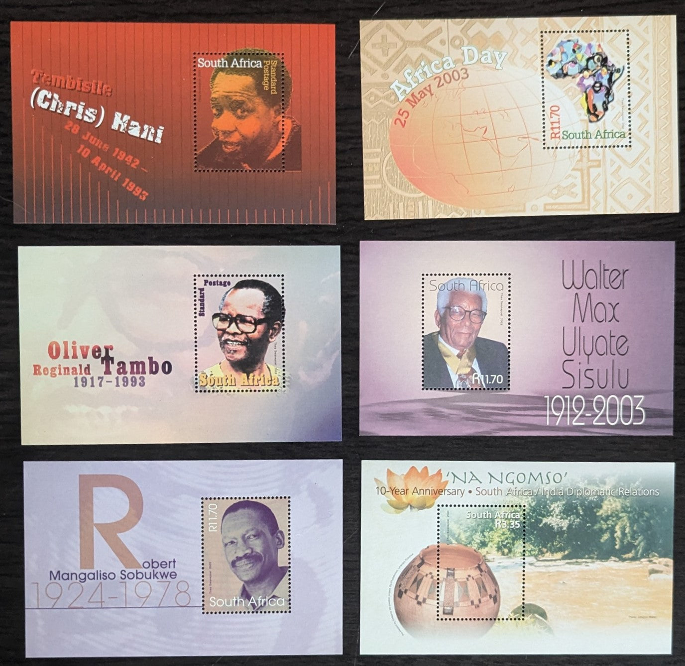 Lot 100 South Africa SC#1305/1324 2003 African National Congress leader - South Africa-India Diplomatic relations, 10th Anniv Issue, 6 VFNH Souvenir Sheets, Click on Listing to See ALL Pictures, 2017 Scott Cat. $16.5