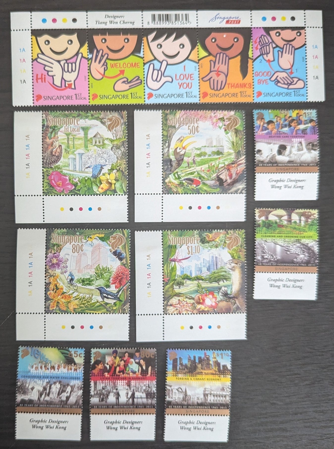 Lot 10 Singapore SC#1602/1618 2013 Sign Language - Independence, 48th Anniv Issues, 10 VFNH Singles & Strip of 5, Click on Listing to See ALL Pictures, 2017 Scott Cat. $11.5