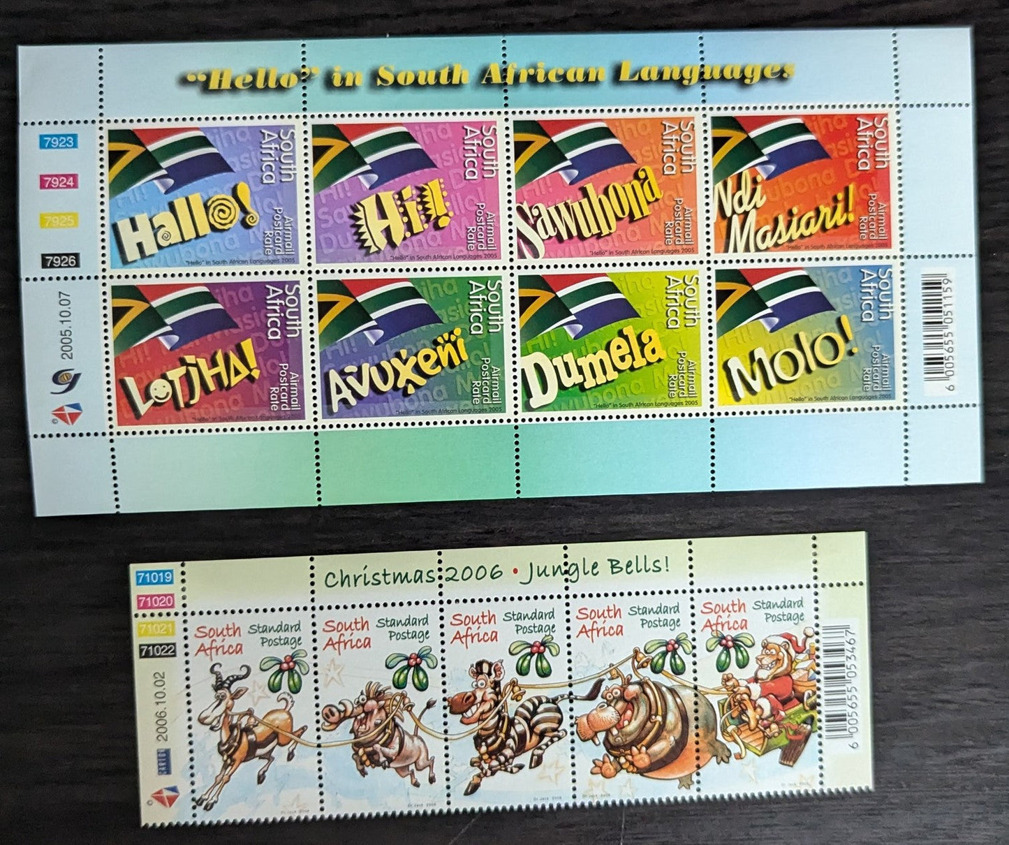 Lot 114 South Africa SC#1365/C64 2005-2006 Hello! In Different Languages & Flags - Christmas Issues, 2 VFNH Singles, Click on Listing to See ALL Pictures, 2017 Scott Cat. $12