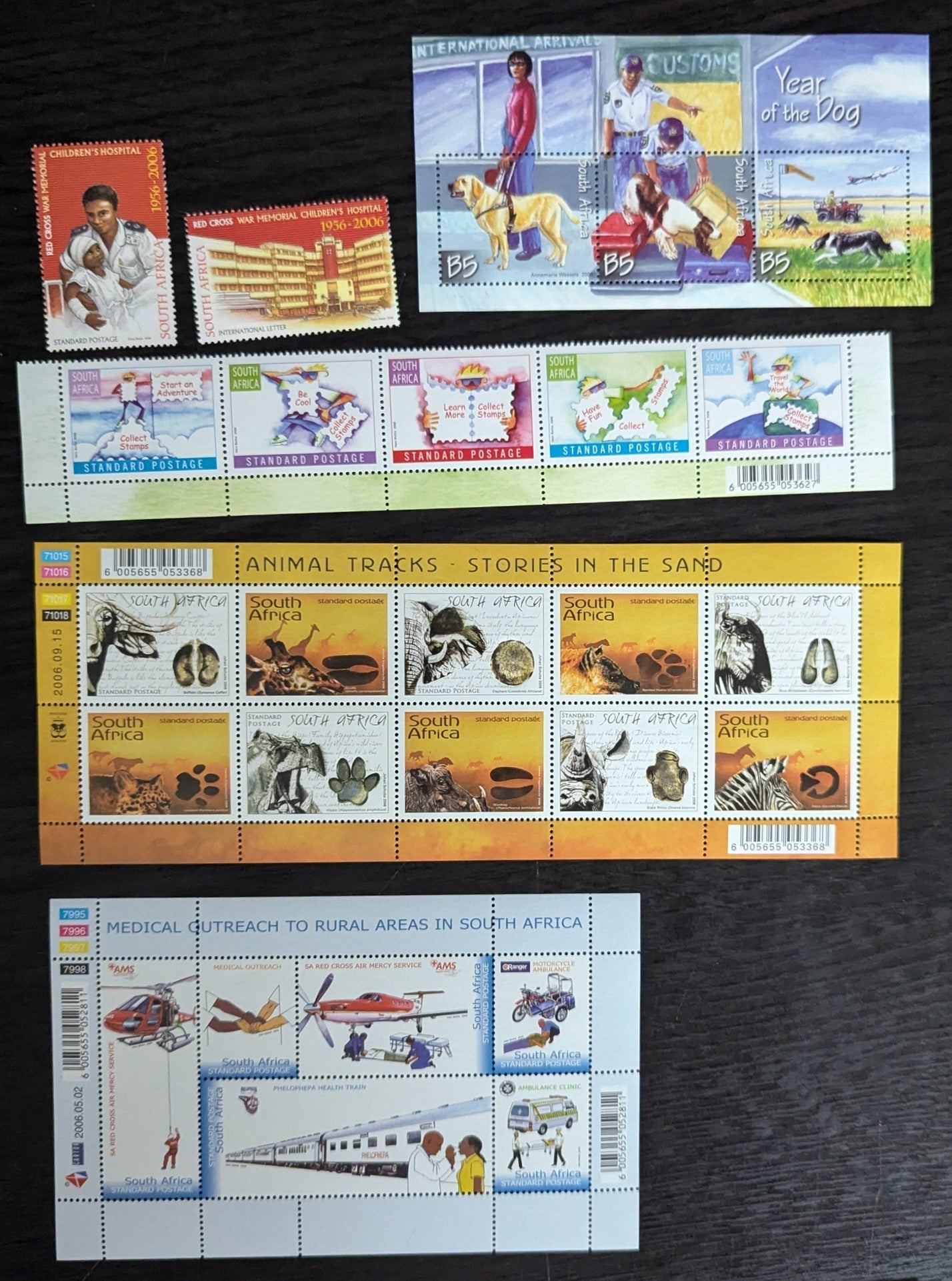 Lot 116 South Africa SC#1356/1367 2006 New Years (Dog) - World Post Day Issues, 6 VFNH Singles, Strip of 5 & Souvenir Sheets, Click on Listing to See ALL Pictures, 2017 Scott Cat. $19.25