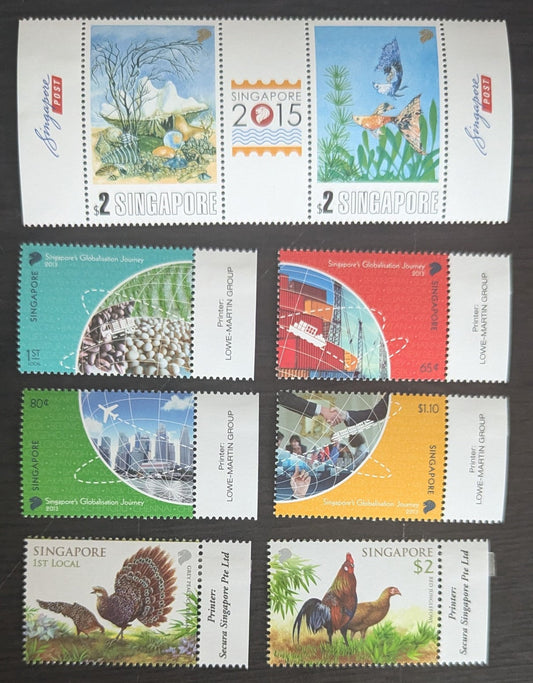 Lot 11 Singapore SC#1620/1627 2013 Singapore 2015 World Stamp Exhibition - Birds Issues, 7 VFNH Singles & Pair+Label, Click on Listing to See ALL Pictures, 2017 Scott Cat. $14.75