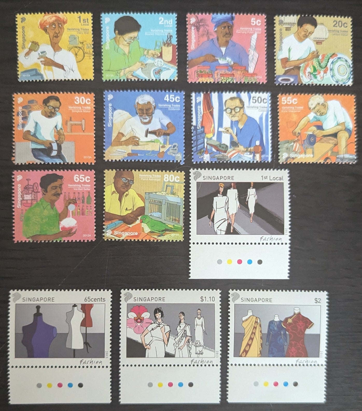 Lot 12 Singapore SC#1628/1643 2013 Vanishing Trades - Fashion Issues, 13 VFNH Singles, Click on Listing to See ALL Pictures, 2017 Scott Cat. $13.3