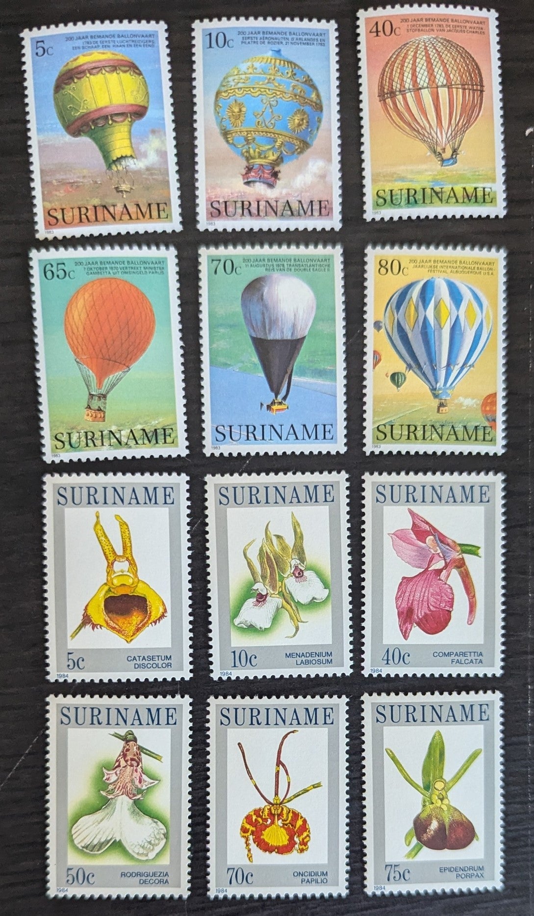 Lot 146 Surinam SC#655/668 1983-1984 Manned Ballooning, 200th Anniv - Local Flowers Issues, 12 VFNH Singles, Click on Listing to See ALL Pictures, 2017 Scott Cat. $12.7