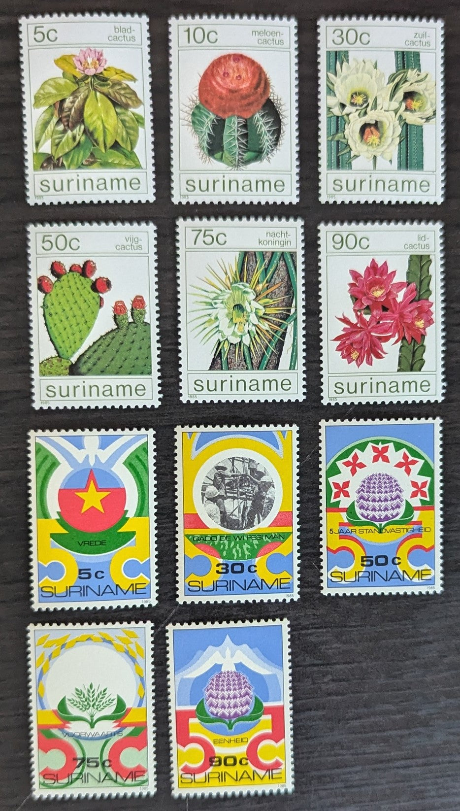 Lot 149 Surinam SC#697/707 1985 Cacti - Independence, 5th Anniv Issues, 11 VFNH Singles, Click on Listing to See ALL Pictures, 2017 Scott Cat. $13.05