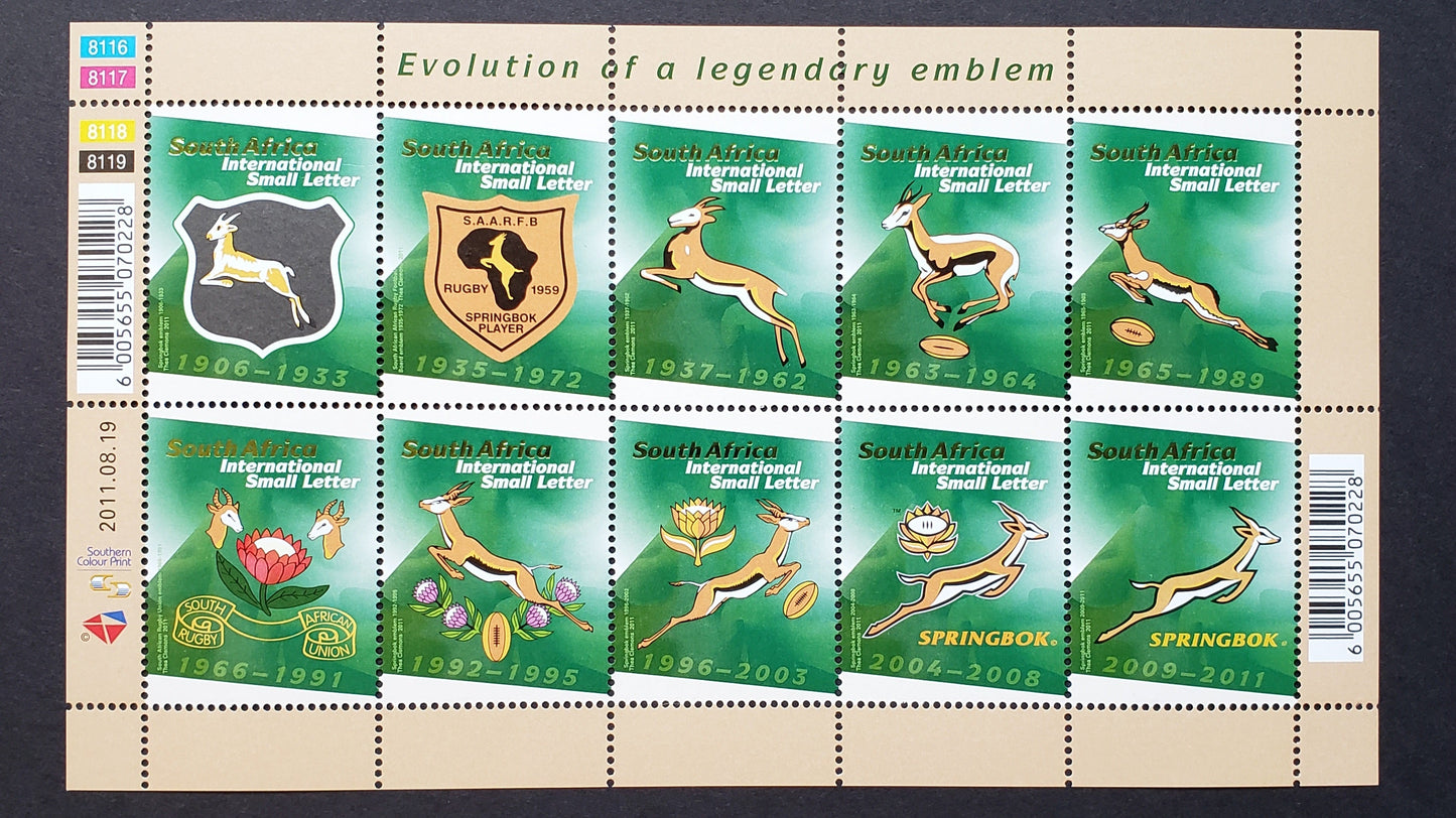 Lot 155 South Africa SC#1466 2011 Emblems Of South African National Rugby Team Issue, A VFNH Sheet Of 10, Click on Listing to See ALL Pictures, 2017 Scott Classic Cat. $16