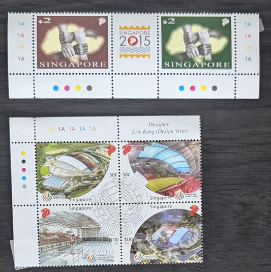 Lot 15 Singapore SC#1691-1692 2014 Singapore 2015 World Stamp Exhibition - Sports Hub Issues, 2 VFNH Pair+Label & Block of 4, Click on Listing to See ALL Pictures, 2017 Scott Cat. $11.75