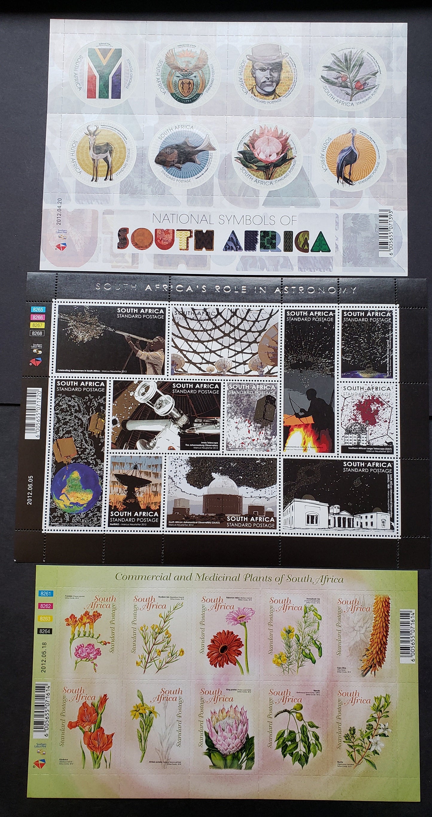 Lot 160 South Africa SC#1477/1479 2012 National Symbols / South Africa's Role In Astronomy Issues, 3 VFNH Sheets Of 8, 10 & 11, Click on Listing to See ALL Pictures, 2017 Scott Classic Cat. $16