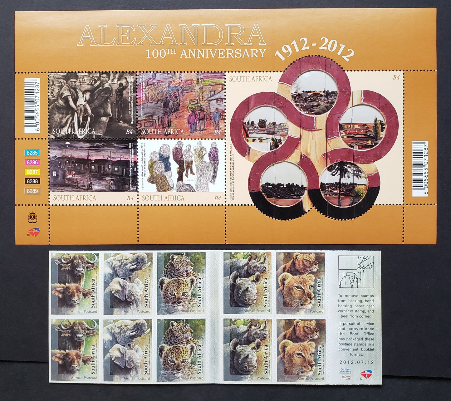 Lot 162 South Africa SC#1489/C112a 2012 Alexandra 100th Anniv. / Big Game Animals Issues, A VFNH Sheet Of 5 And A Booklet Of 10, Click on Listing to See ALL Pictures, 2017 Scott Classic Cat. $22