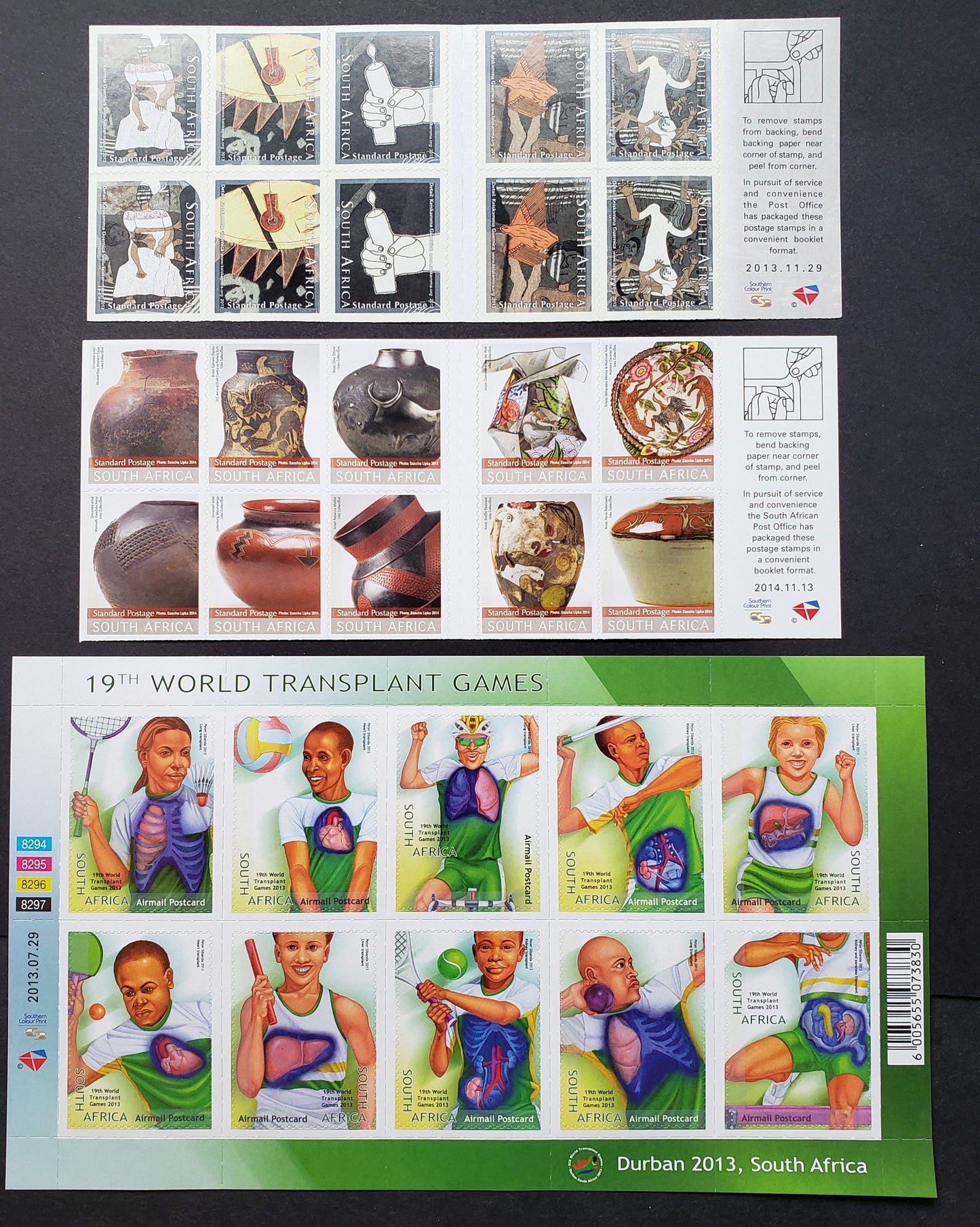 Lot 165 South Africa SC#C118/1540a 2013-2014 World Transplant Games / Ceramic Vessels Issues, 2 VFNH Booklets Of 10 And A Sheet Of 10, Click on Listing to See ALL Pictures, 2017 Scott Classic Cat. $22